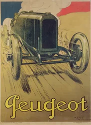 Plakat med reklame for en Peugeot racerbil, ca. 1918